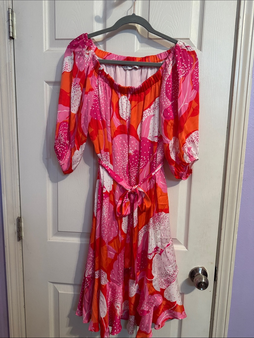 Trina Turk Pink & Orange Off-Shoulder Midi Dress